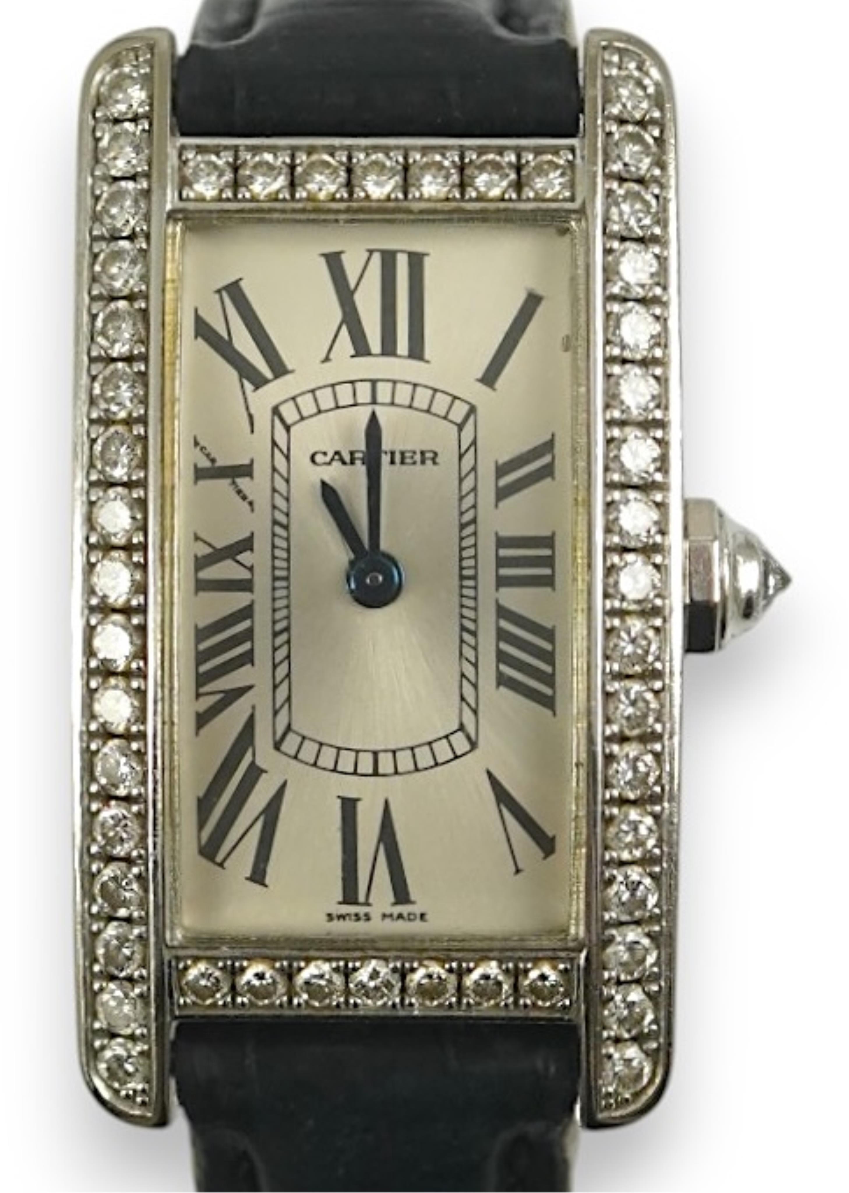 A lady's modern 18ct white gold and diamond set Cartier Tank Americaine quartz wrist watch